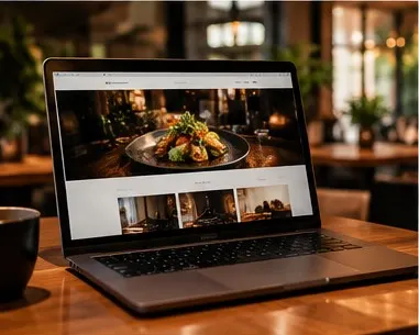 Laptop met een restaurantwebsite op een houten tafel
