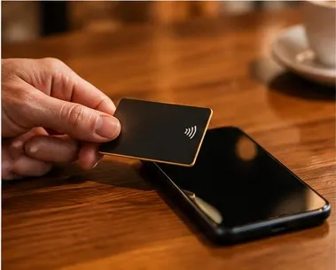 Hand houdt een zwarte NFC-kaart tegen een smartphone