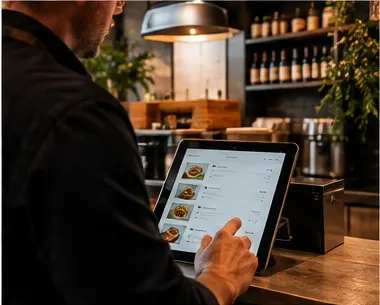 Medewerker past het menu aan op een tablet