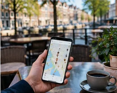 Smartphone met kaart en lokale zoekresultaten
