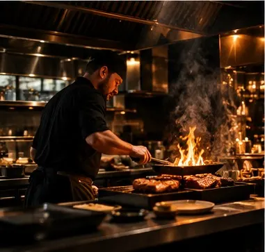 Kok bereidt gerechten op open vuur in een restaurantkeuken