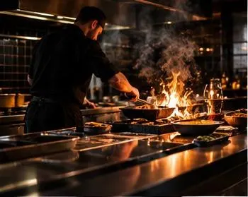 Kok bereidt gerechten op open vuur in de keuken van Kade