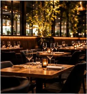 Sfeervol gedekte tafels in het restaurant met warm licht