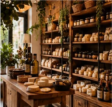 Houten schappen met kaas en flessen olijfolie
