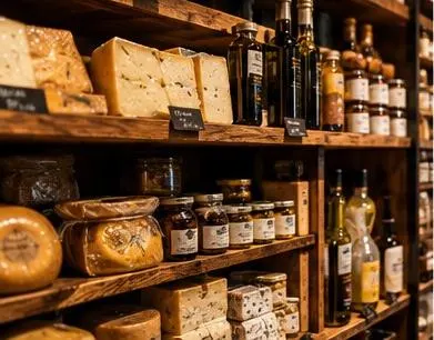 Kaas en flessen olijfolie op een houten schap