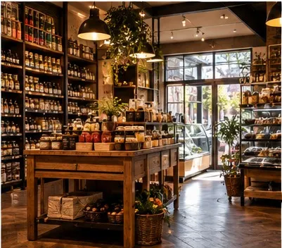 Delicatessenwinkel met houten schappen vol kaas, olie en potten