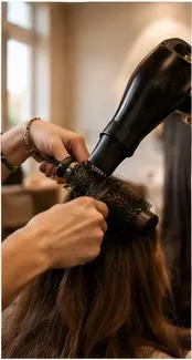 Stylist föhnt lang haar met een ronde borstel