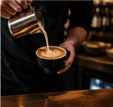 Barista schenkt melk in een latte met latte art