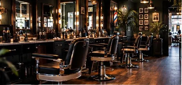 Interieur van een klassieke barbershop met leren stoelen en spiegels