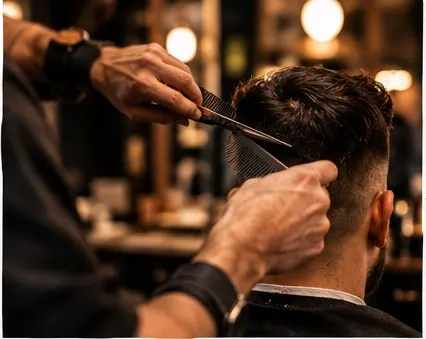 Barbier knipt het haar van een klant met schaar en kam
