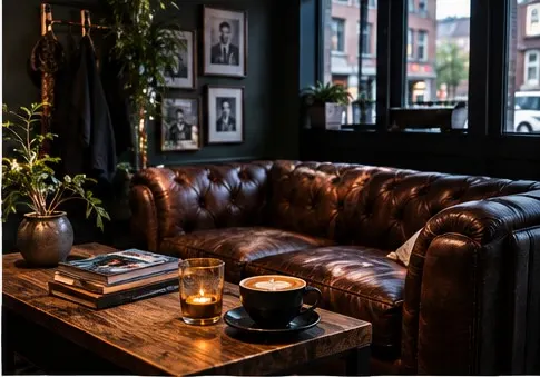 Leren bank met koffie en boeken in de wachtruimte